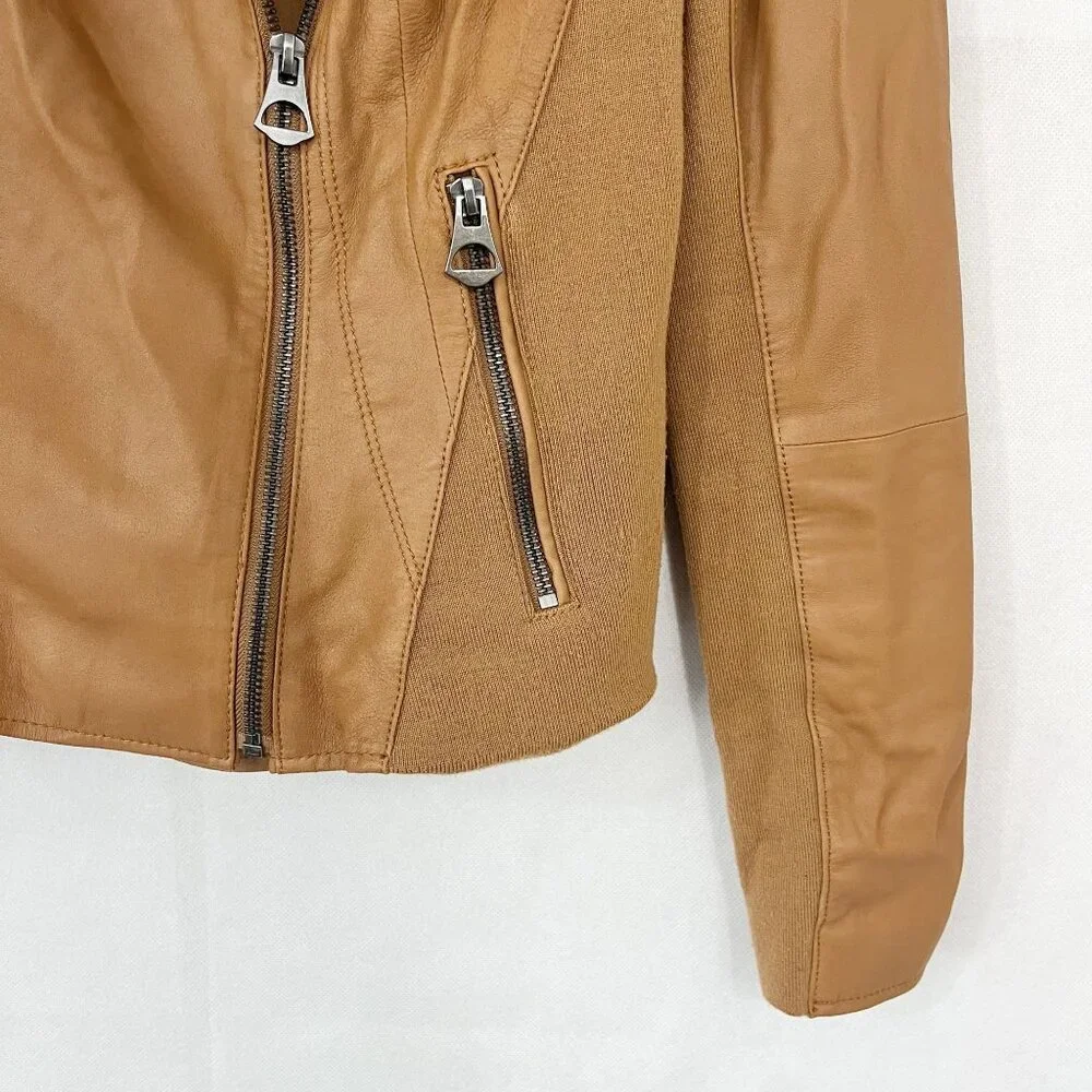 Johnston &‎ Murphy Women's Brown Leather Moto Jacket Rib Contrast - Size Medium
